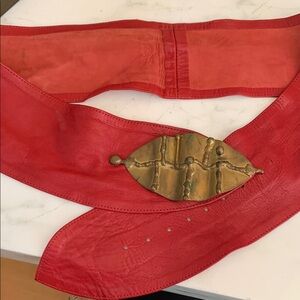 Red Leather Belt with Gold Buckle
